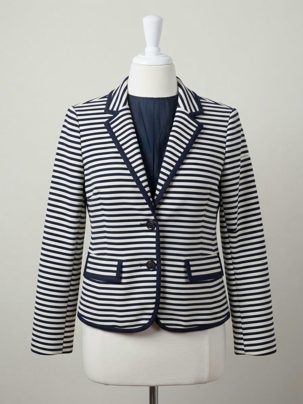 LOFT Ann Taylor Navy Cream Striped Knit Blazer Jacket Size 12